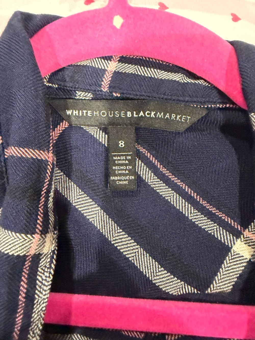 White House Black Market Navy Plaid Button Down with Pink and Cream Accents